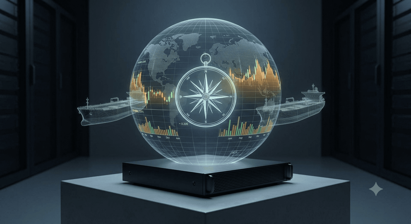Holographic globe surrounded by market charts, crude tankers and a navigator's compass — The Crude Oracle intelligence terminal
