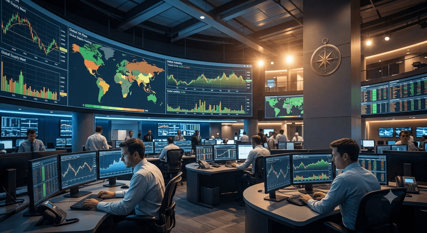 Energy market operations room with global supply maps and price screens