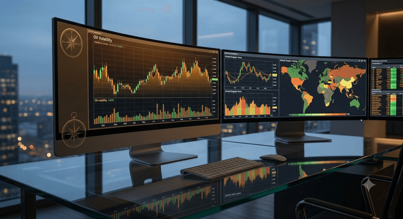 Terminal-grade dual-screen desk showing oil volatility charts and a global supply heatmap