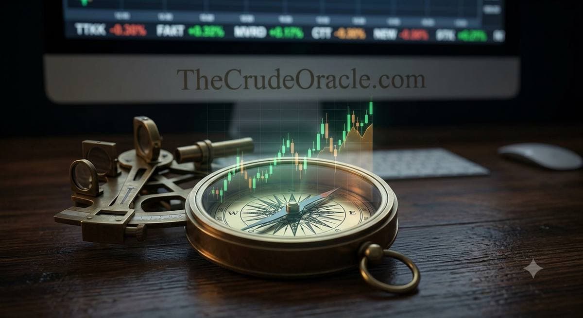 Navigator's compass and sextant in front of a market screen showing TheCrudeOracle.com
