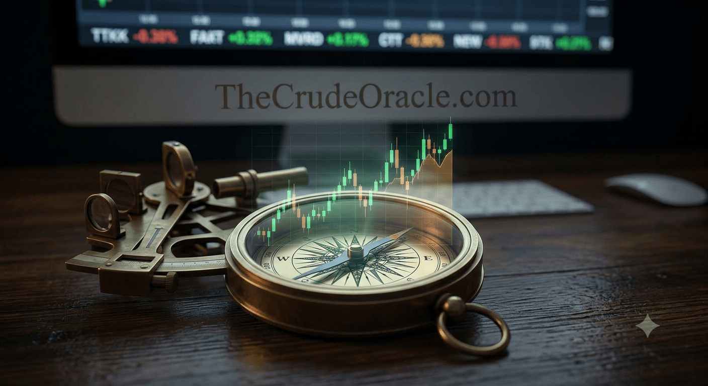 Navigator's compass and sextant in front of a market screen showing TheCrudeOracle.com