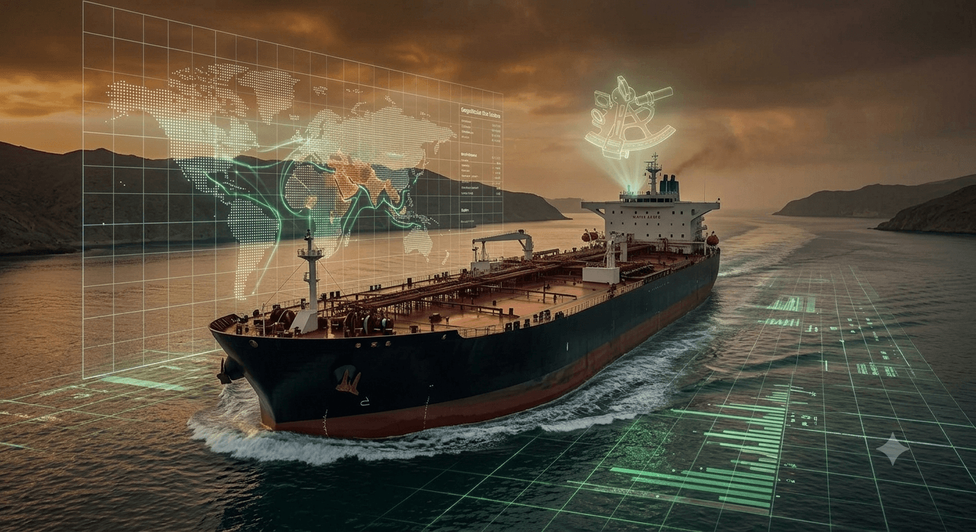 Crude oil tanker under way with global trade-route and chokepoint data overlaid